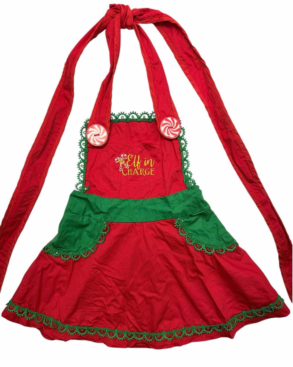 Children’s Christmas Elf in Charge Apron Red Green Peppermint Candy Baking